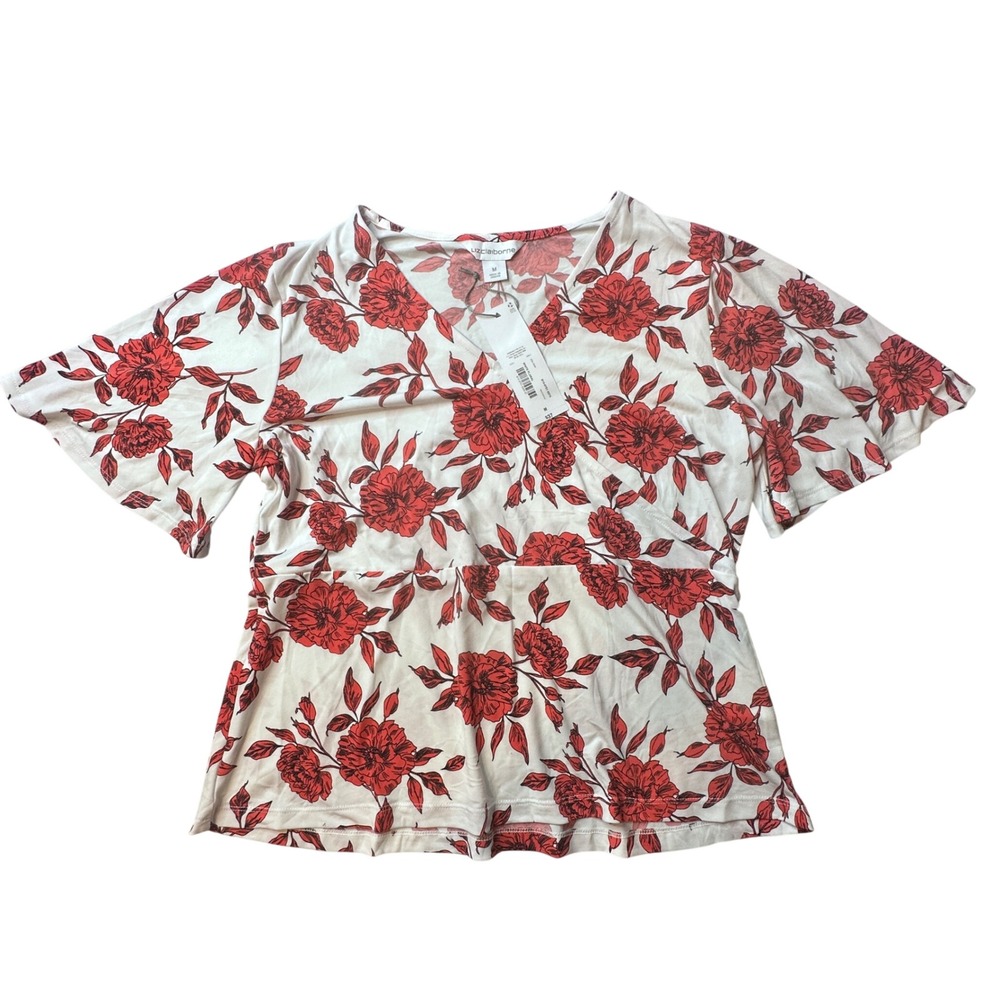 Liz Claiborne Blouse Womens M White Red Floral Faux Wrap Flutter Sleeve Peplum